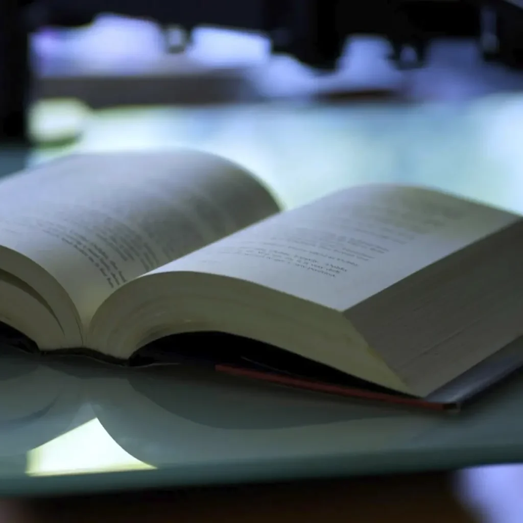 Geöffnetes Buch mit Publikationen auf einem Tisch